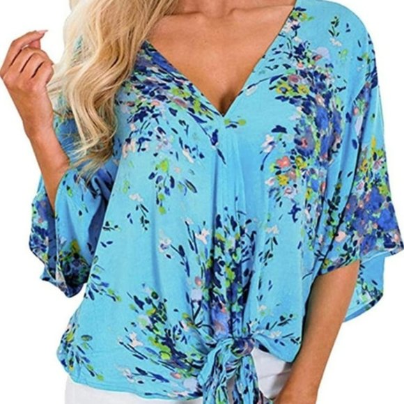 Tops - Women Blouse Womens Loose V Neck Floral Print Front Knot Bandage T-Shirt Tops